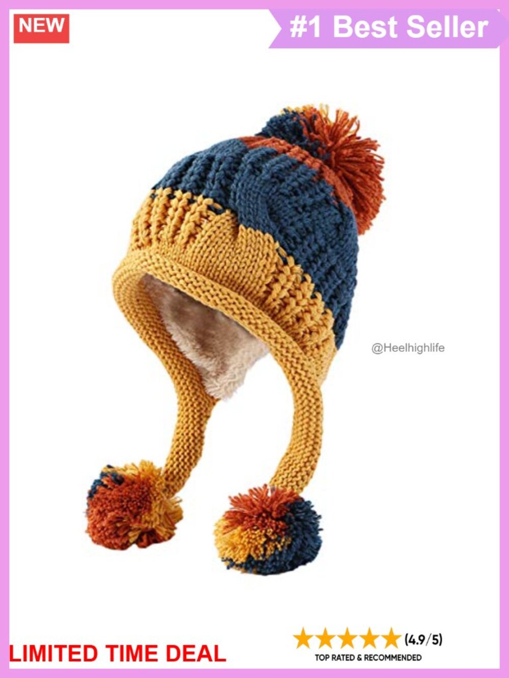 Sherpa Knit Beanie Hat Fleece Lined Ear Flaps Pom Pom Winter